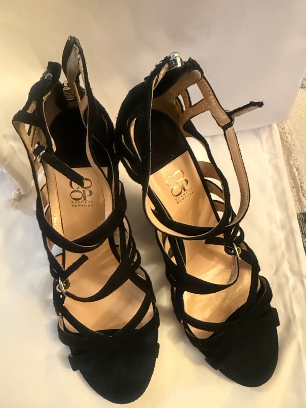 Barneys New York Black Suede Strappy Wedge Sculptural Sandals 39
